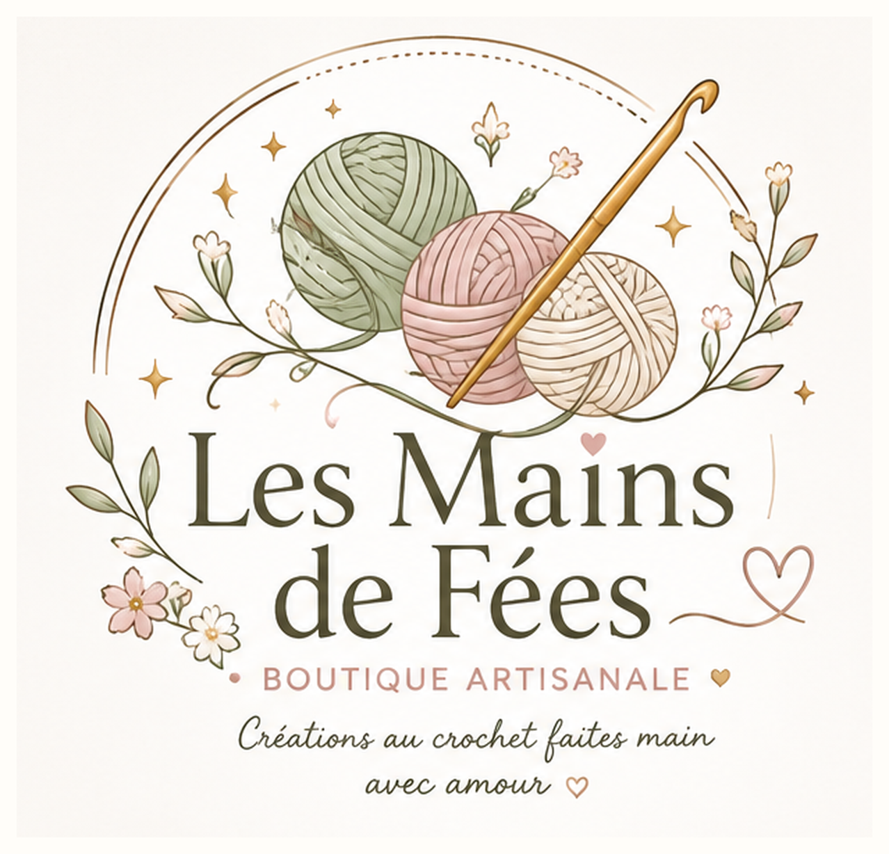 Les Mains de Fées — Boutique artisanale, logo avec pelotes de laine et crochet